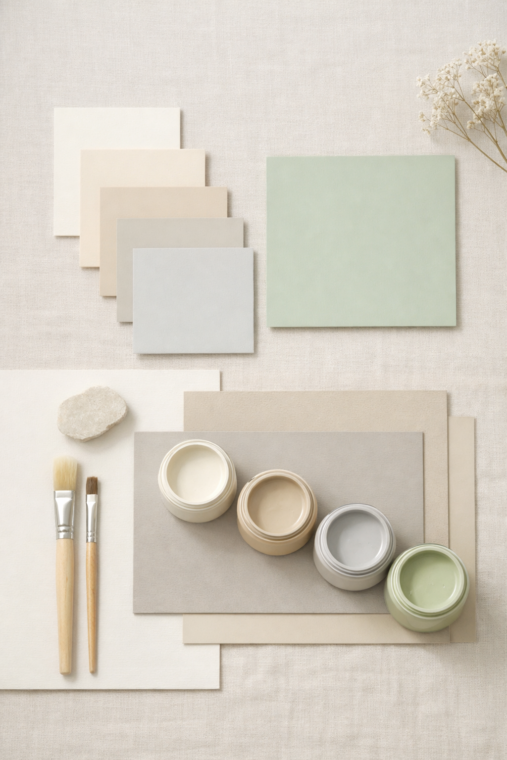 Neutral palette for small rooms with beige, white and soft green tones
